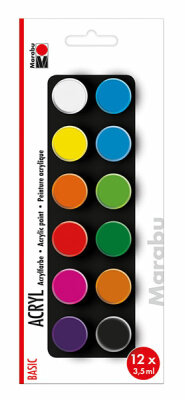 MARABU  Acrylfarben Set 12x 3,5ml  Basic, Inhalt: zitronengelb, brillantorange, scharlachrot, magenta,, pflaume, kobaltblau, cyanblau dunkel, lichtgrün,, laubgrün, siena, titanweiß, schwarz, Marabu