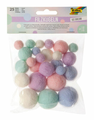 MAX BRINGMANN  Filzkugeln Ice Dream  25er 3 Größen 5 Farben, creme pastell, mint pastell, rosa pastell,, lila pastell, hellblau pastell,, Inhalt: 10x 1cm in 5 verschiedenen Farben,, 10x 2cm in 5 verschiedenen Farben,, 10x 3cm in 5 verschiedenen Farben,, i