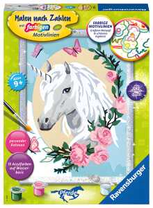 Malen nach Zahlen Bild Einhorntraum, mit farbigen Motivlinien