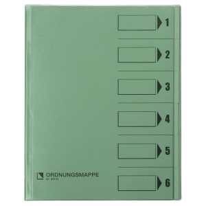 Ordnungsmappe, 6 Fächer, grün, A4, Mappe - Karton 250 g/m2, mit