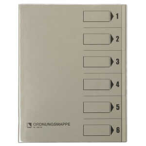 Ordnungsmappe, 6 Fächer, grau, A4, Mappe - Karton 250 g/m2, mit
