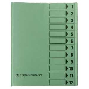 Ordnungsmappe, 12 Fächer, grün, A4, Mappe - Karton 250 g/m2, mit
