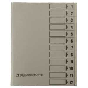 Ordnungsmappe, 12 Fächer, grau, A4, Mappe - Karton 250 g/m2, mit