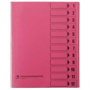 Ordnungsmappe, 12 Fächer, rosa, A4, Mappe - Karton 250 g/m2, mit