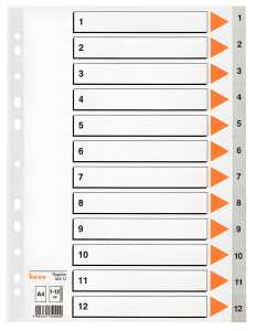 Register A4, Kunststoff, 1-12, grau, Universallochung, 120 my, PP