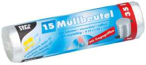 PAPSTAR Müllbeutel mit Tragegriffen - 35 L, HDPE transparent, 15 Stück