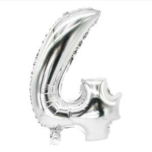Folienlufballon, 35 x 20cm, "4", silber, mit selbstschließendem Ventil