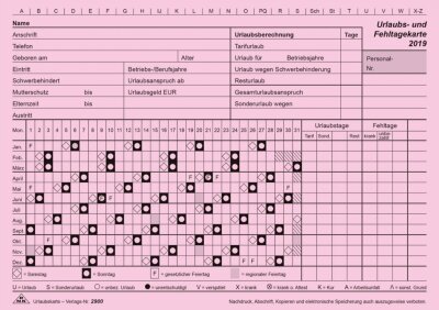 RNK Urlaubs- und Fehltagekarten A5 quer mit Kalendarium 2019 Monatstage-