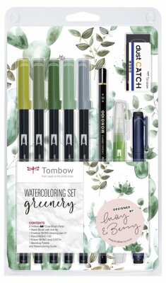 Watercoloring Set, Greenery, 5 grün farbige Brush Pens,