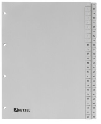 HETZEL Kunststoff-Register, Zahlen, A4, 1-52, PP, grau (52565643)