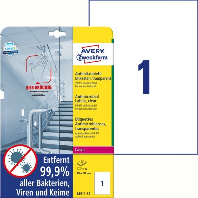 Zweckform L8011-10 Antimikrobielle Etiketten - 210 x 297 mm, permanent, transparent, 10 Stück