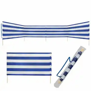Windschutz 600x80cm blau weiß, gestreift, 5 eingenähte Holzstäbe,