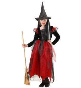 Kinderkostüm Hexe rot/schwarz Set Gr.158, Kleid mit Unterrock, Hut,