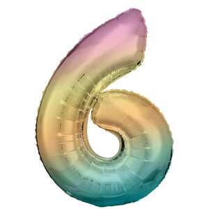 Folienballon Zahl 6 Regenbogen pastell 86cm, Amscan