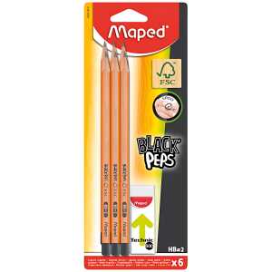 Bleistift HB 6er Black Peps mit Radierer, Dreikant Radiergummi weiß