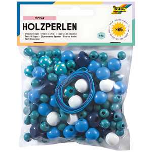 Holzperlen 85er Ocean blau türkis, mit 2 Schnüren je 85cm, Folia