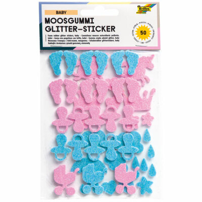 Moosgummi Glitter Sticker  Baby, 36 Stück, sortiert in blau und rosa