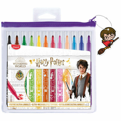 Fasermaler 12er  Harry Potter, fest eingefasste, weiche Spitze: Ø 2,8 mm,, Stiftlänge: 143 mm, auswaschbar von den meisten Textilien,, Harry Potter Lizenzaufdruck auf jedem Stift, Maped