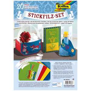 Stickfilz Set 20 Teile, Inhalt 5 Blatt, 5 Garne, 10 Sticknadeln, Folia