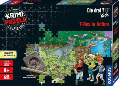 Die Drei ??? Kids Puzzle  200 Teile T-Rex, Titel: T-Rex in Action, Inhalt: Puzzle (Maß: 54x38cm),, Ausgrabungsset, Meißel,, Anleitung mit Kurzgeschichte und Lösungsteil,, ab 8 Jahren, Kosmos