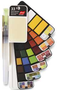 Aquarellfächer 33 Farben mit Wassertankpinsel, Aquarellfarben