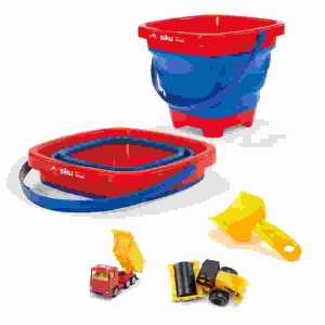 Urlaubsset Inhalt: 1 faltbarer Eimer, 1 Schaufel, 1 Walzfahrzug, 1 Lkw