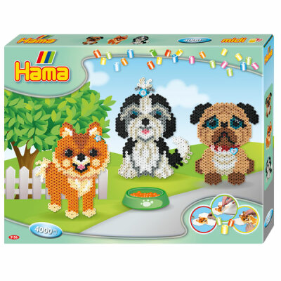 DAN IMPORT  Hama Perlen midi 4000er  Geschenkpackung Hunde, Inhalt: 3 Stiftplatten (Sechseck),, Bügelpapier, Motivvorlagen, Anleitung,, fördert Kreativität und Koordination von Augen und Hand,, ab 5 Jahren