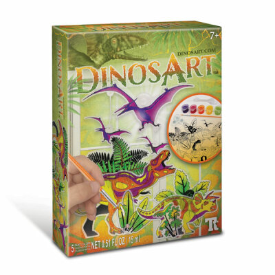 TOYNAMICS  DinosArt Fensterbilder  Bastelset, für 3 Dinosaurier-Anhänger, Inhalt: 9 Formen zum Bemalen,, 5 Glasfarben, ein Pinsel, Saugknöpfe und Schnur,, ab 7 Jahren, Toynamics