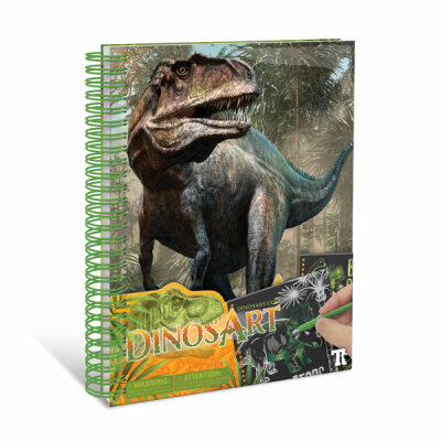 TOYNAMICS  DinosArt Kratzbilderbuch  Kratz-und Zeichenkunst, 14 Dinosaurierbilder zum Enthüllen und Verschönern, mit 2, Kratzstiften, ab 7 Jahren, Toynamics