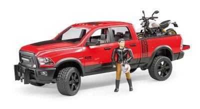 BRUDER SPIELWAR  RAM 2500 Power Wagon mit  Scrambler Ducati Desert, Desert Sled und Fahrer