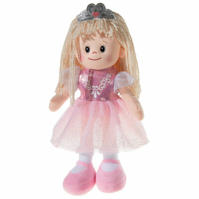 HEUNEC KG  Poupetta Prinzessin  Plüsch 40cm mit Kleid, mit gesticktem Gesicht, rosa Glitzerkleid,, blonden Haaren und silberner Krone,, aus weich gefülltem Nylon Trikot Material, Heunec