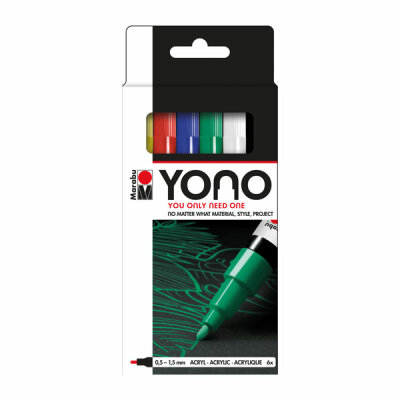 MARABU  Acrylmarker Marker YONO  6er 0,5-1,5mm 6 Farben, Rundspitze fein, Inhalt: je 1x Gelb, Kirsche, Dunkelblau,, Saftgrün, Weiß, Schwarz, wasserbasiert, Marabu