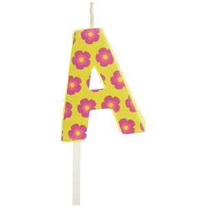Buchstabenkerze A gelb rosa Blumen, zur Dekoration von Kuchen,