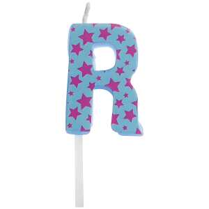 Buchstabenkerze R blau lila Sterne, zur Dekoration von Kuchen,