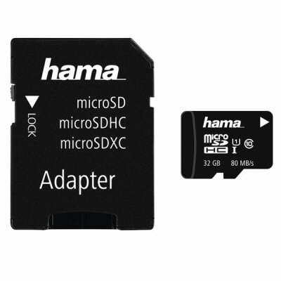 HAMA GMBH  microSDHC Karte 32GB  Class 10 mit SD Adapter, 80 MB/s Datenübertragungsrate, Hama