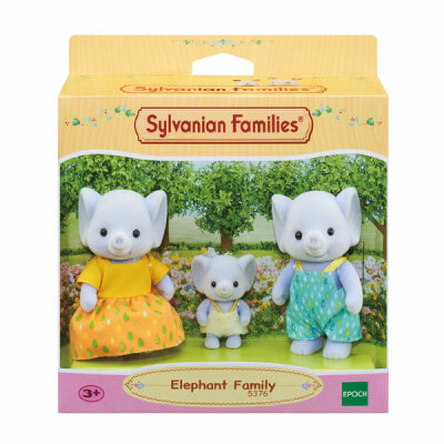 Epoch  Sylvanian Families  Elefanten Familie, 3 Figuren, Vater Mitchell, Mutter Rianne und Baby Hilton,, mit beweglichen Armen und Beinen, ca. 4-8 cm groß, beflockt,, ab 3 Jahren, Epoch