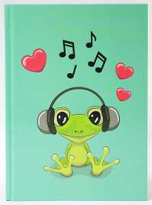 ADINA Notizbuch A5 fester Deckel dotted Fröhlicher Frosch m Kopfhörer
