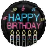 Folienballon Birthday Neon schwarz 43cm rund, Happy Birthday