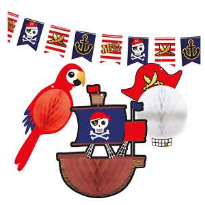 Dekorationsset Pirates Map 4 Teile, 1 Flaggenbanner, 3 Wabenbälle