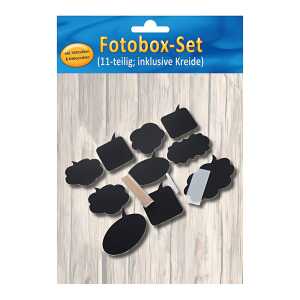 Fotobox-Set Schreibtafeln 11teilig, Haltestäbchen, Klebepunkten Kreide