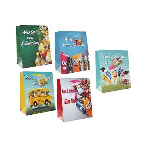 Geschenktasche Schulanfang 32x26x10cm, 5fach sortiert, mit Trageband