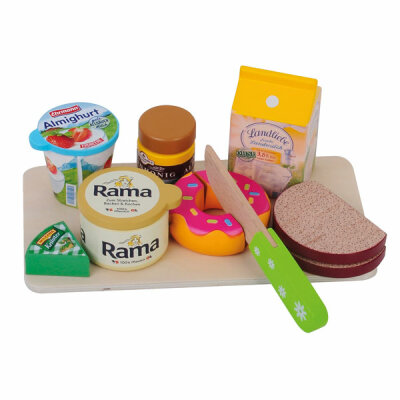 Tanner Frühstücksset Holz  Kinderküche 10 Teile, Frühstücks-Set aus Holz mit Zubehör: Brett, Landliebe, Milch, Breitsamer Honig, Ehrmann Almighurt, Rama, 1 x, Milkana Käseecke, 2 Toastscheiben, Donut, Messer,, ab 3 Jahren