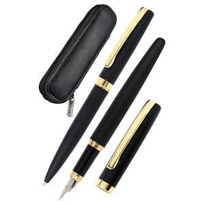 Schreibset Eleganza gold mit Lederetui Füller Kugelschreiber