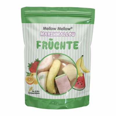 Mellow Mellow Marshmallow  Früchte 125g, verschiedenfarbige Marshmallow-Früchte, im wiederverschließbaren Standbeutel