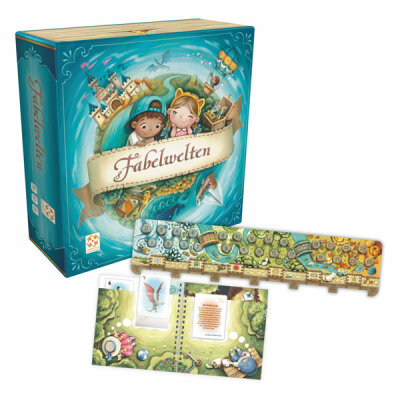 Spiel Fabelwelten  Nominierung Kinderspiel, Nominierung zum Kinderspiel des Jahres 2021,, Familienspiel für 2-6 Spieler, Spieldauer: 20 Minuten,, Inhalt: 1 Buch mit durchsichtigen Kartenhüllen,, 38 doppelseitige Geschichtenkarten (10 Geschichten),, 86 Tie