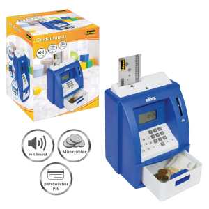 Geldautomat blau digitale Spardose Sound Grundfunktionen Bankautomaten