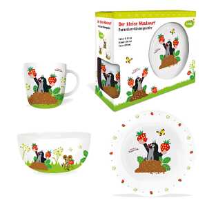 Frühstücksset Der Maulwurf Erdbeere, Teller Schale Tasse, Porzellan,