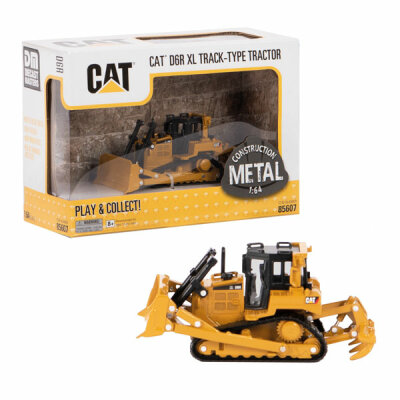 CAT D6R Dozer 1:64  105x50x48mm Diecast, Metallmodell im Maßstab 1:64,, Schild und Aufreißer höhenverstellbar,, Unterwagen, Oberwagen, Schild und Ripper aus Metall,, Ketten sowie verschiedene Anbauteile aus Kunststoff,, Sammlermodell: nicht zum Spielen ge