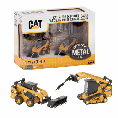 CAT 2er 272D und CAT 297D  135x46x56mm Diecast 1:64, Metallmodell im Maßstab 1:64, Ausleger in Höhe verstellbar,, Anbauteile leicht austauschbar, inklusive Palettengabel,, Schaufel, Bodenbohrer, rotierender Besen,, verschiedene Anbauteile, Ketten und Räde