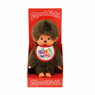 Monchhichi Mädchen  mit Latz Geburtstag, Latz mit Aufdruck: "Alles Gute zum Geburtstag", Sekiguchi